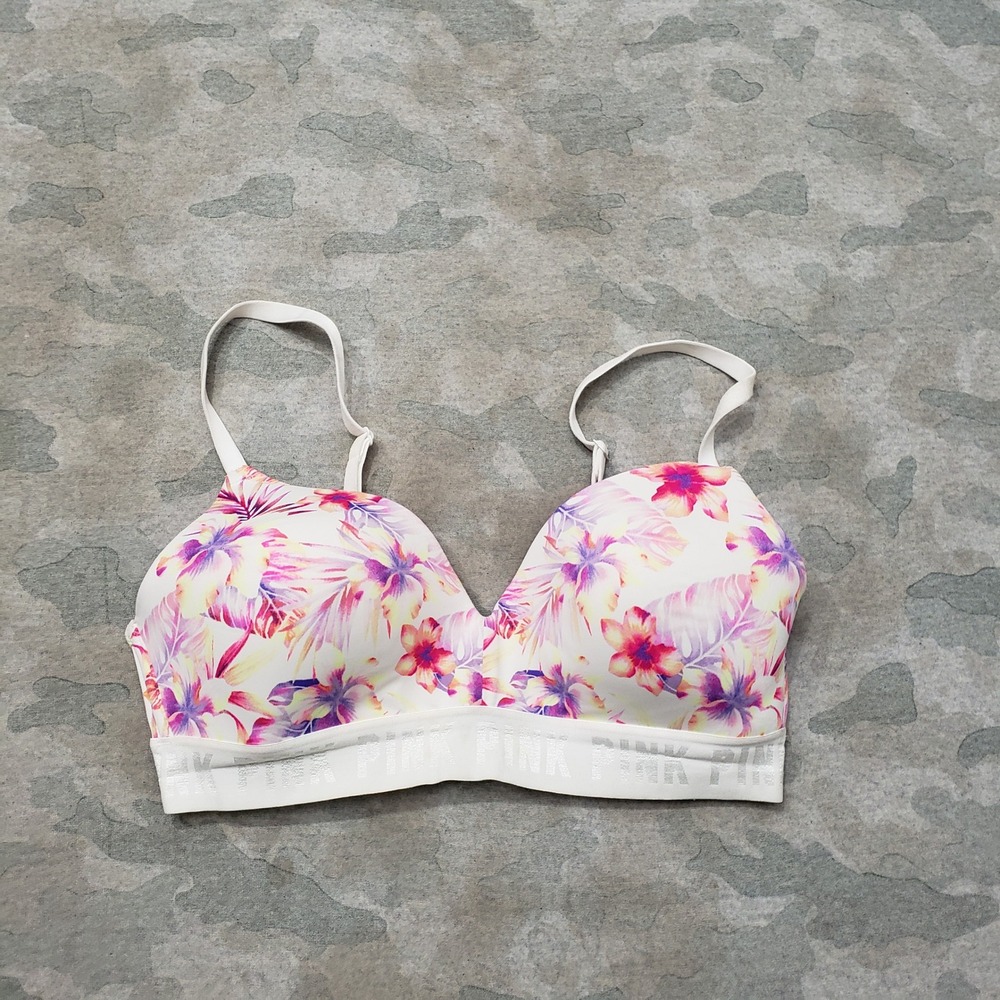 Pink Victoria's Secret Bra Womens 36C White Floral Wear Everywhere Wireless